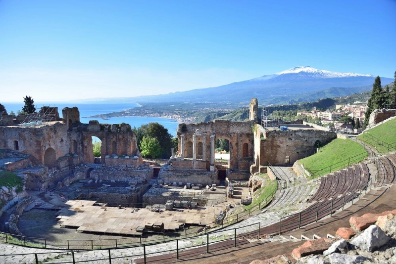Ancient Theatre of Taormina with Mount Etna and the Ionian Coastline