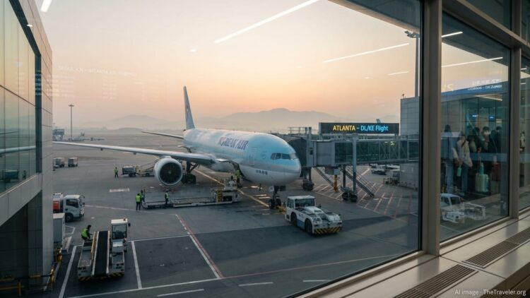 Korean Air jet at Seoul Incheon gate at sunrise preparing for an Atlanta flight.