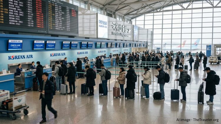 Crowded Korean Air check-in area at Incheon Airport with cancelled flights on departure boards.