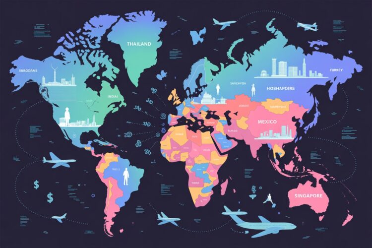 World map glowing with thailand, india, mexico, turkey and singapore highlighted, overlay of surgeons, hospital skylines, aircraft routes and currency symbols, ultra vivid colours, dramatic global healthcare transformation theme