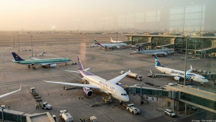 Riyadh Air, Saudia and EgyptAir jets on the tarmac at Riyadh airport at sunset.