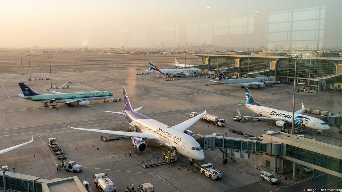Riyadh Air, Saudia and EgyptAir jets on the tarmac at Riyadh airport at sunset.