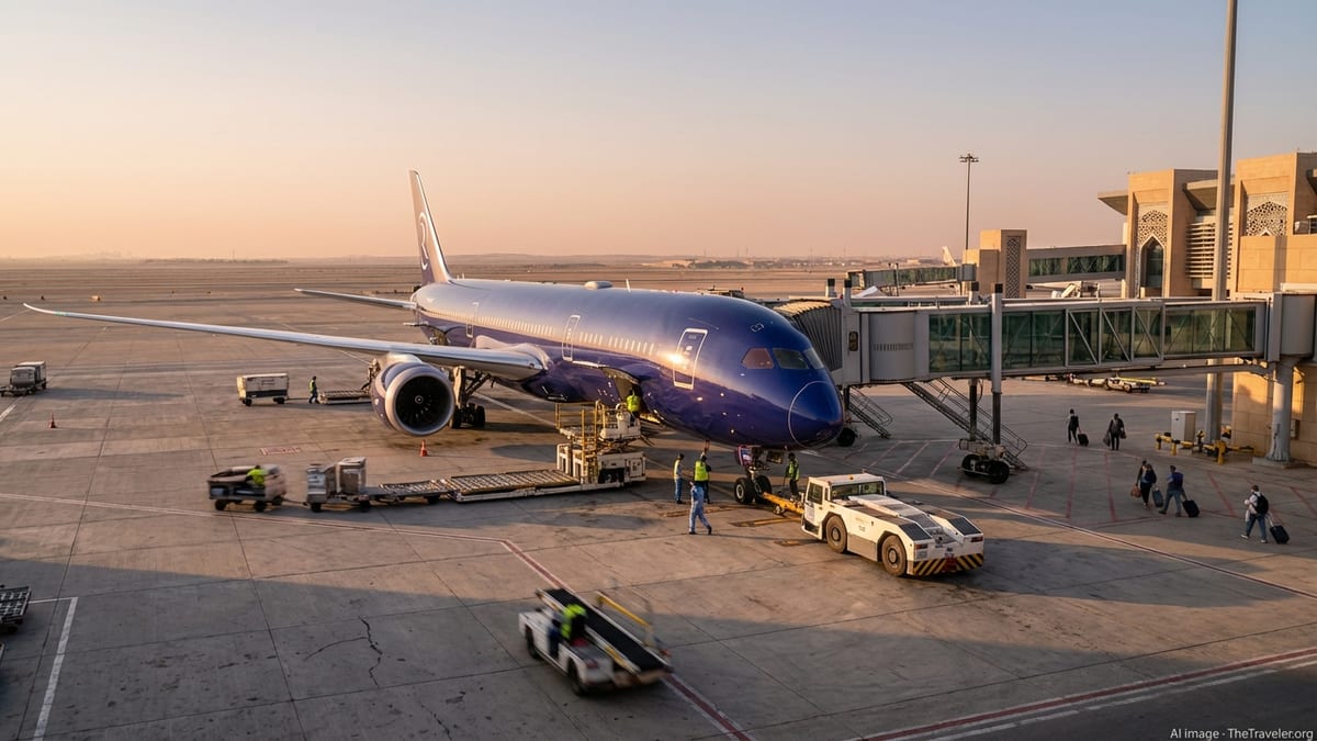 Riyadh Air Boeing 787-9 at Riyadh airport gate during golden hour.