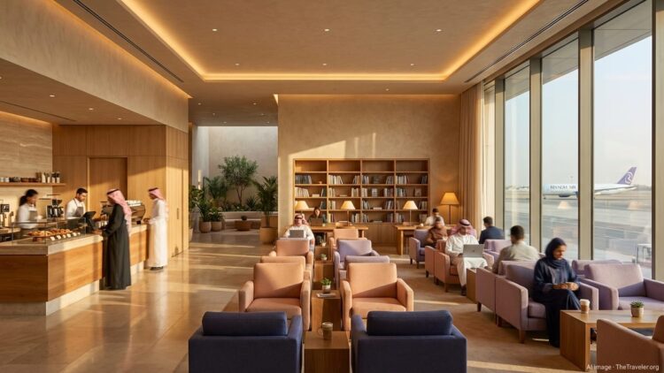 Travelers relaxing in Riyadh Air’s new Hafawa premium lounge at King Khalid International Airport.