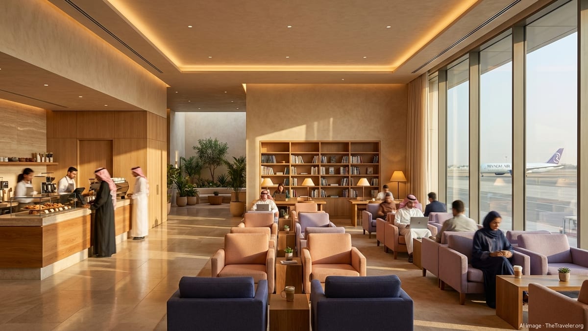 Travelers relaxing in Riyadh Air’s new Hafawa premium lounge at King Khalid International Airport.