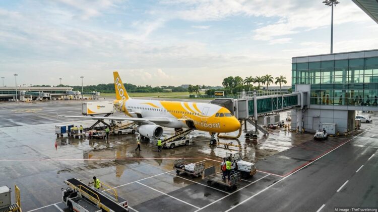 Scoot Airbus A320 at a gate in Singapore, preparing for departure on a sunny day.