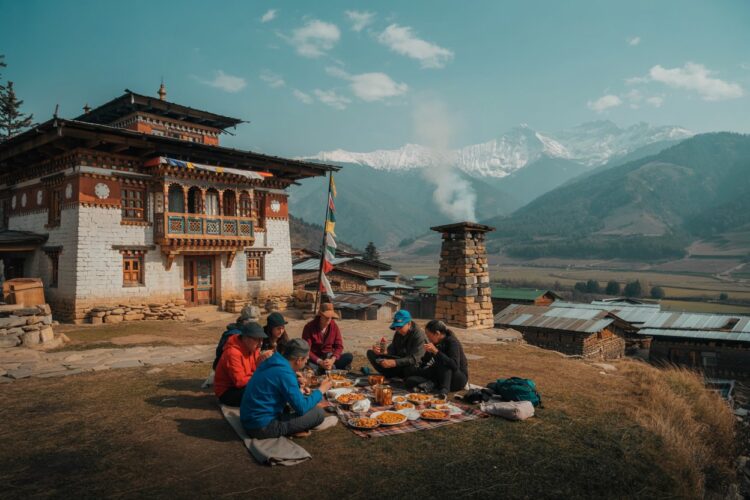 "a dynamic, composite image that combines bhutan’s gangtey valley, a farmhouse lunch with local activities like archery, scenic himalayan views, and a riverside picnic in punakha, all captured in bright, vibrant colors with travelers enjoying these immersive experiences. The image should capture the essence of bhutan’s culture, adventure, and natural beauty.