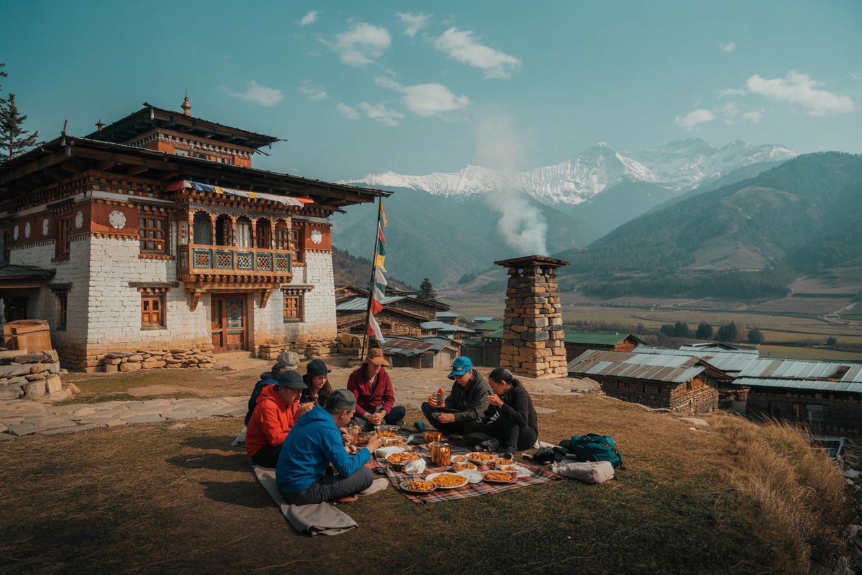 "a dynamic, composite image that combines bhutan’s gangtey valley, a farmhouse lunch with local activities like archery, scenic himalayan views, and a riverside picnic in punakha, all captured in bright, vibrant colors with travelers enjoying these immersive experiences. The image should capture the essence of bhutan’s culture, adventure, and natural beauty.