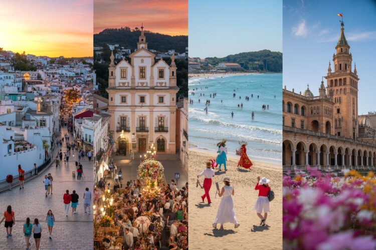 A dynamic, composite image showcasing multiple vibrant easter travel destinations across the world: marmaris, krakow, albufeira, and seville, all blended into one breathtaking panorama. The image transitions smoothly from the sunny, bustling streets of marmaris to the historic charm of krakow, the beach paradise of albufeira, and the solemn beauty of seville’s easter procession. Each location shines in its own bold, colorful way, with sunlight, festive decorations, and local culture adding depth and vibrancy. The transition between these destinations should feel natural, capturing the diverse essence of easter celebrations around the world.