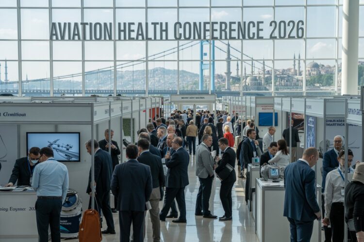 A dynamic and impactful image of the aviation health conference 2026 in istanbul, with a bustling exhibition area, aviation health professionals engaged in discussions, and the stunning istanbul skyline in the background.