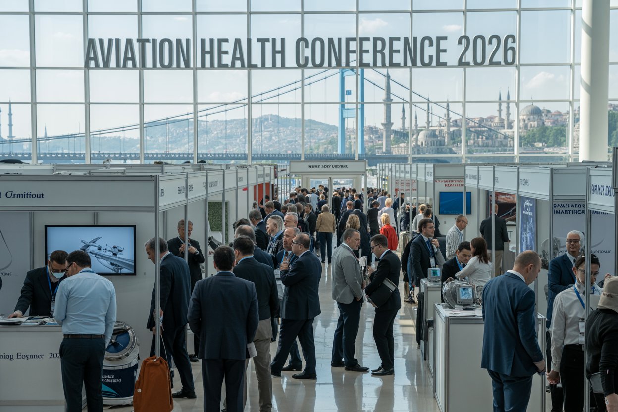 A dynamic and impactful image of the aviation health conference 2026 in istanbul, with a bustling exhibition area, aviation health professionals engaged in discussions, and the stunning istanbul skyline in the background.