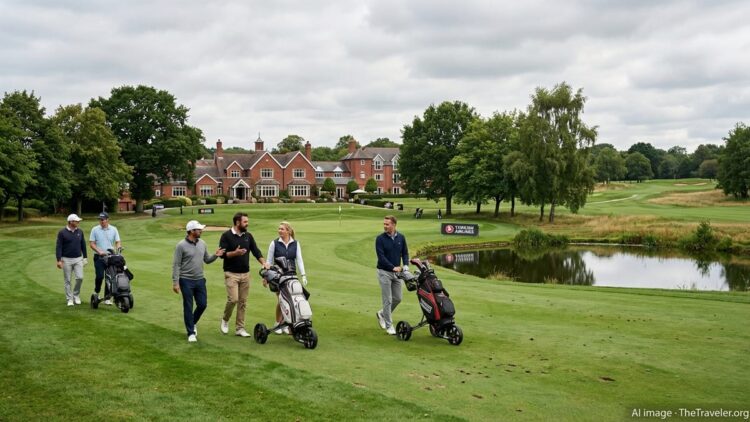 Golfers walking a fairway at The Belfry near Birmingham with subtle Turkish Airlines branding.