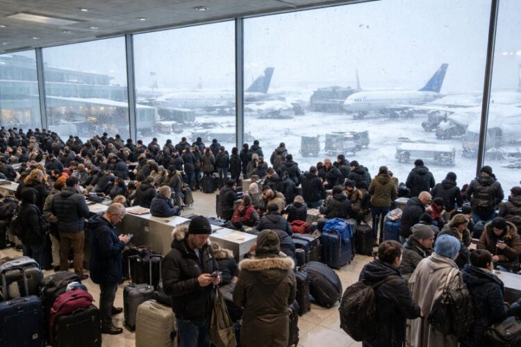 Winter storm causes major travel disruptions at newark liberty, leading to 458 cancellations and 95 delays for flights between new york, boston, chicago, and affects major airlines like united, delta, and american airlines