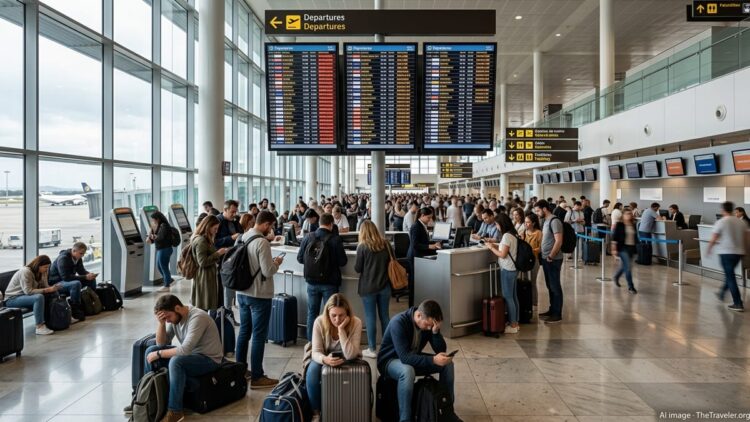Crowded departure hall at a Spanish airport with passengers queuing and checking delayed flights.