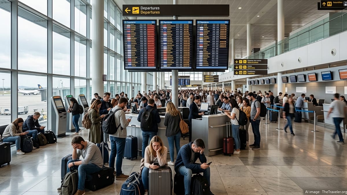 Crowded departure hall at a Spanish airport with passengers queuing and checking delayed flights.