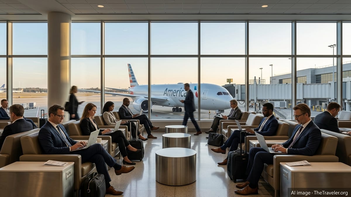 Business travelers in an airport lounge overlooking an American Airlines jet at the gate.