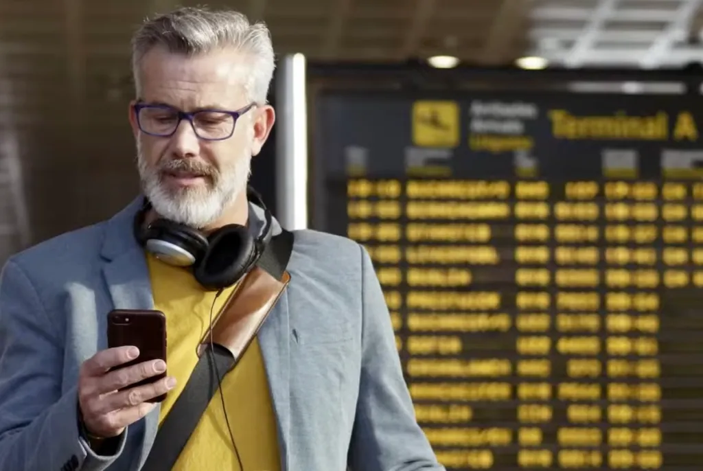 Business traveler looks at his phone in an airport. There is a flight board in the background.