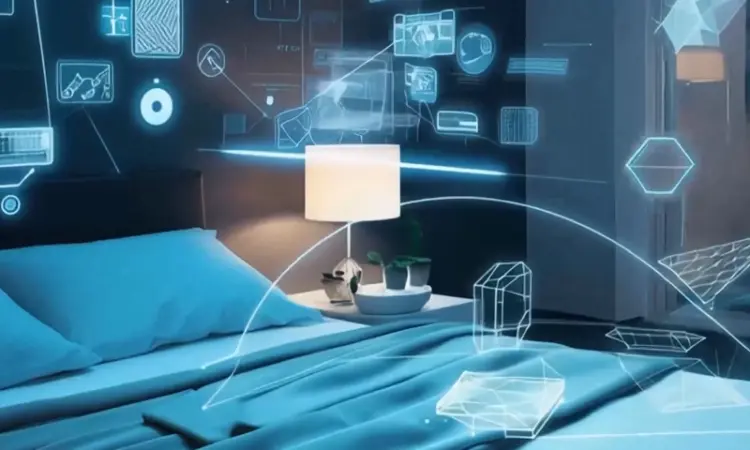 Graphic of a hotel room with various tech overlays