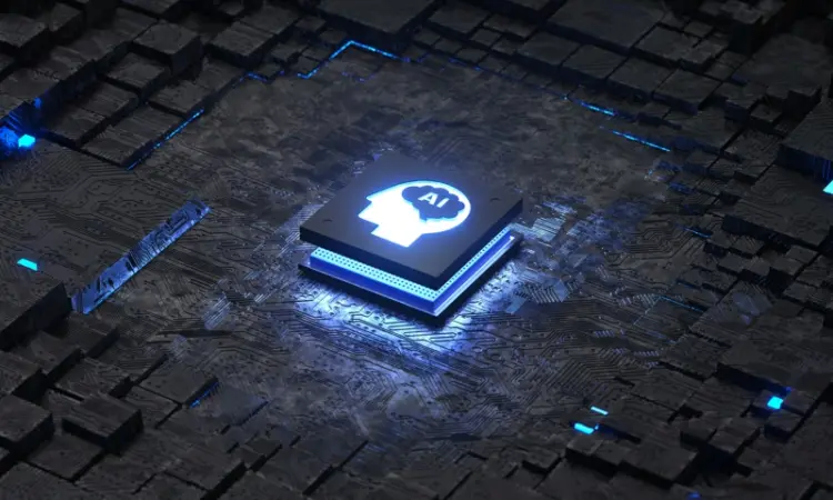 3D render of a circuit board with an AI cube