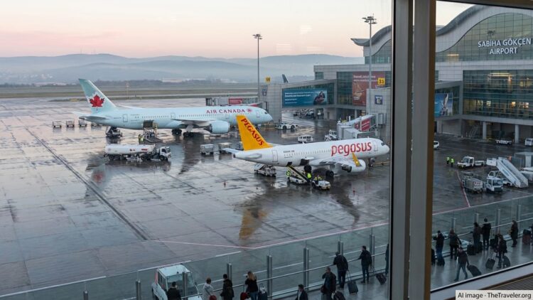 Air Canada and Pegasus jets at neighboring gates viewed from a busy airport terminal window.