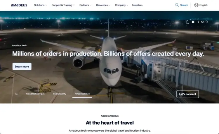 Amadeus travel technology platform homepage with aircraft at airport gate and AI-powered travel booking messaging