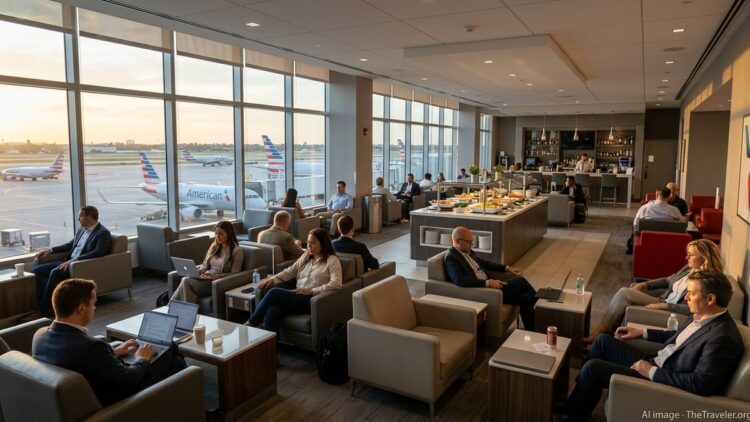 Travelers relax in a bright American Airlines Flagship airport lounge overlooking the runway at Miami International Airport.