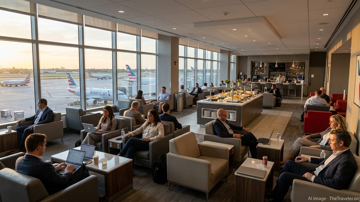 Travelers relax in a bright American Airlines Flagship airport lounge overlooking the runway at Miami International Airport.