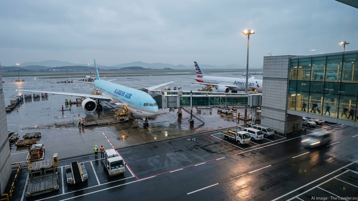 Early morning apron view at Incheon Airport with Korean Air and American Airlines jets at adjacent gates.
