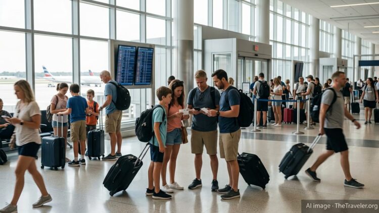 Crowded U.S. airport terminal with summer travelers rolling suitcases toward departure gates.