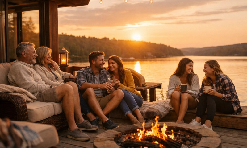 Family and friends relaxing together at a lakeside vacation home highlighting travelers’ focus on comfort and connection.
