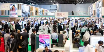 Crowded exhibition at the ATM in Dubai stand.
