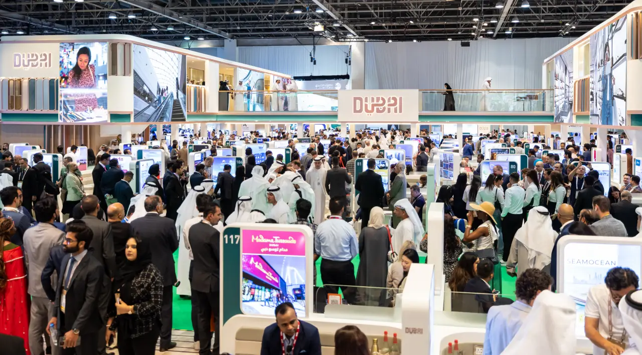 Crowded exhibition at the ATM in Dubai stand.