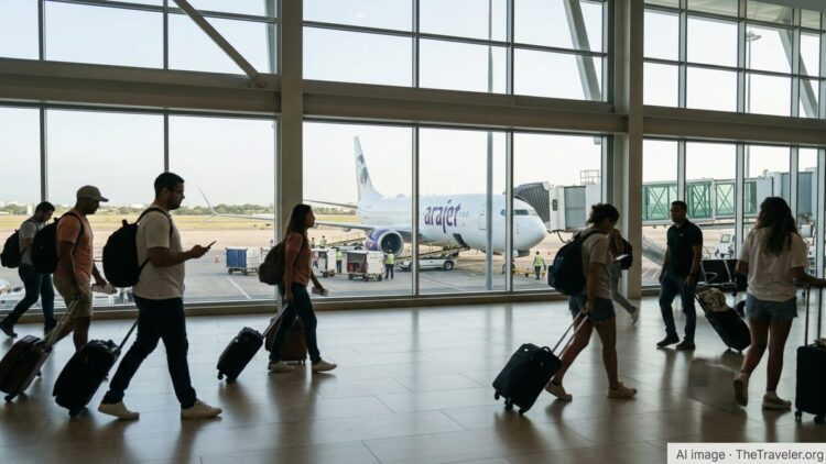 Travelers in a Santo Domingo airport terminal with an Arajet jet at the gate.