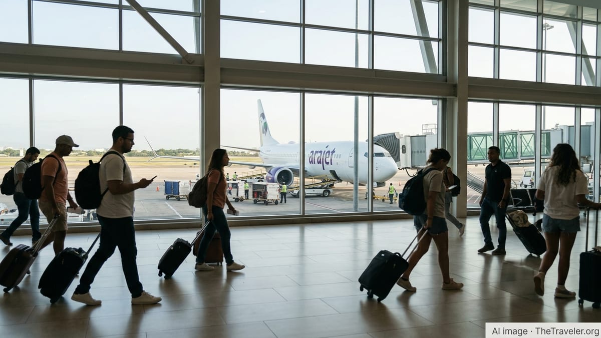 Travelers in a Santo Domingo airport terminal with an Arajet jet at the gate.