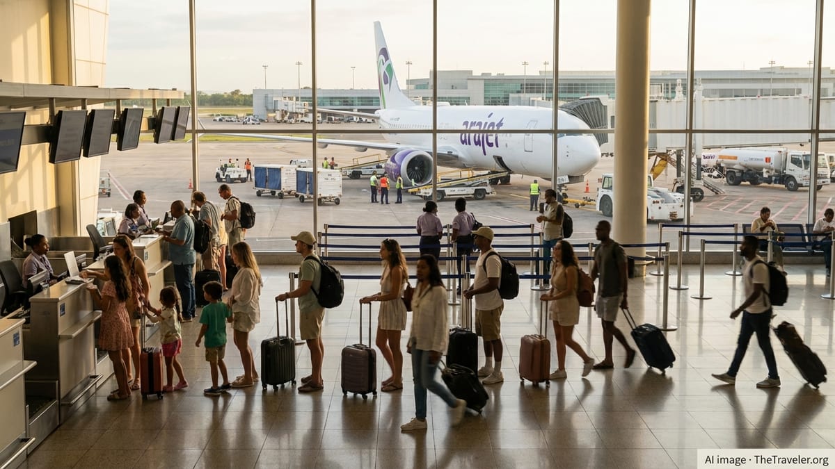 Travelers line up at Santo Domingo airport as an Arajet jet prepares for departure at sunrise.