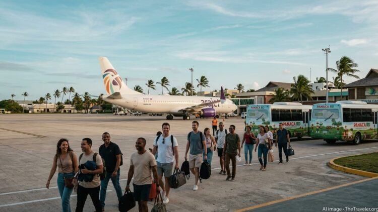 Travelers walk from a Punta Cana terminal toward shuttles as an Arajet jet sits parked under palm trees.
