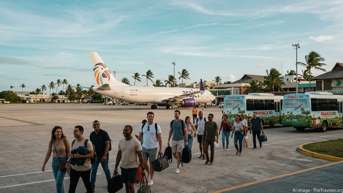 Travelers walk from a Punta Cana terminal toward shuttles as an Arajet jet sits parked under palm trees.