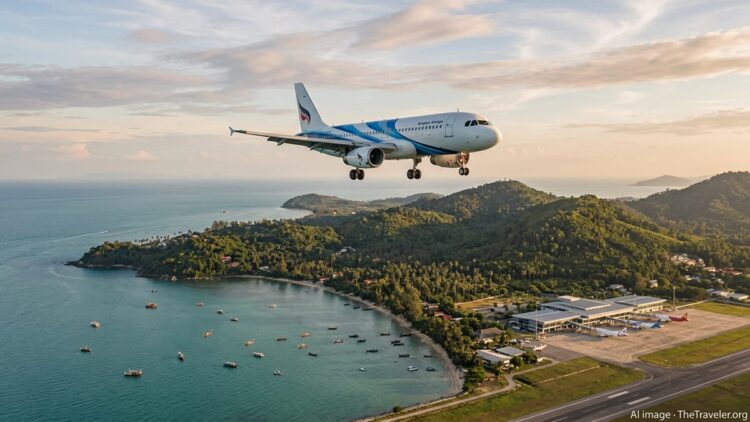 Bangkok Airways jet approaches Koh Samui over turquoise sea and palm-lined coastline at sunset.