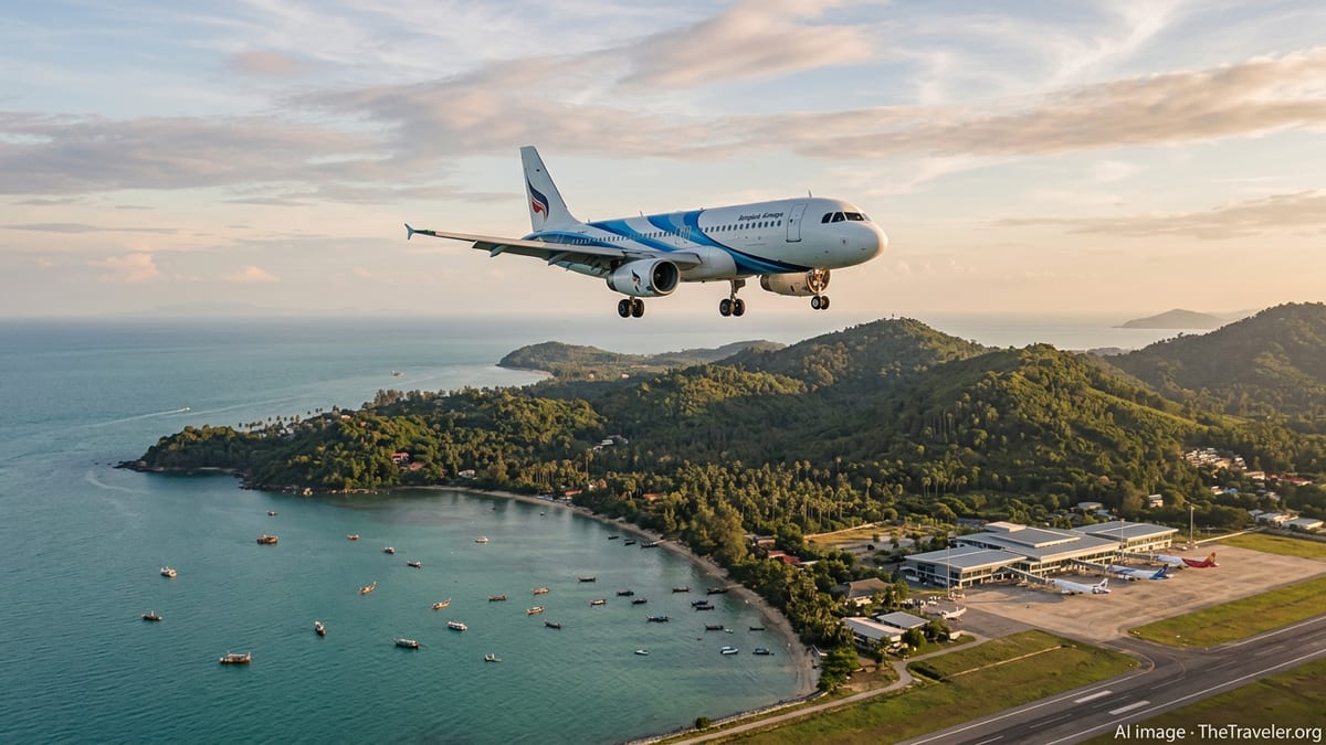 Bangkok Airways jet approaches Koh Samui over turquoise sea and palm-lined coastline at sunset.