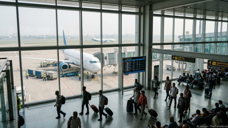 Passengers in Dhaka airport terminal overlooking aircraft bound for Chinese cities.
