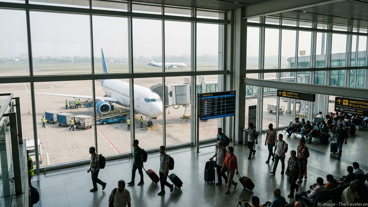 Passengers in Dhaka airport terminal overlooking aircraft bound for Chinese cities.