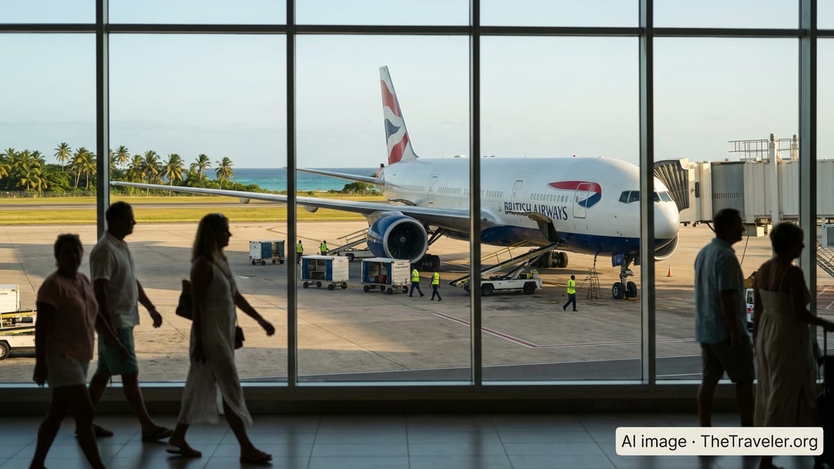 British Airways jet on the tarmac in Barbados with palm trees and terminal windows at sunrise.