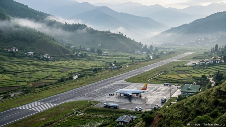 A Drukair jet on the tarmac at Paro Airport surrounded by misty Bhutanese mountains.