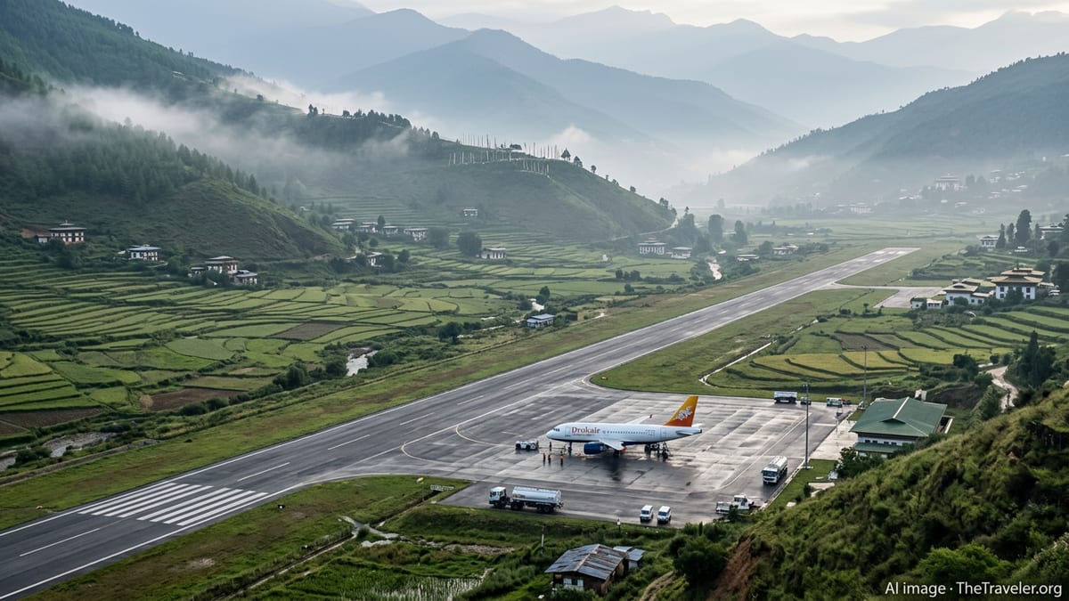 A Drukair jet on the tarmac at Paro Airport surrounded by misty Bhutanese mountains.