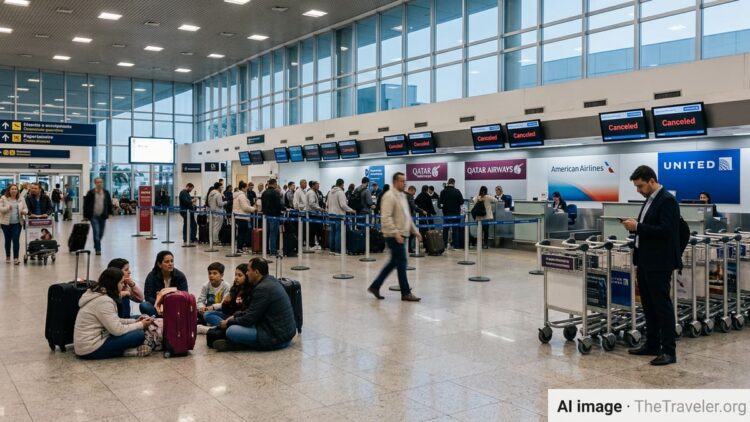 Crowded departure hall at São Paulo Guarulhos with passengers near canceled Qatar, American and United flights.