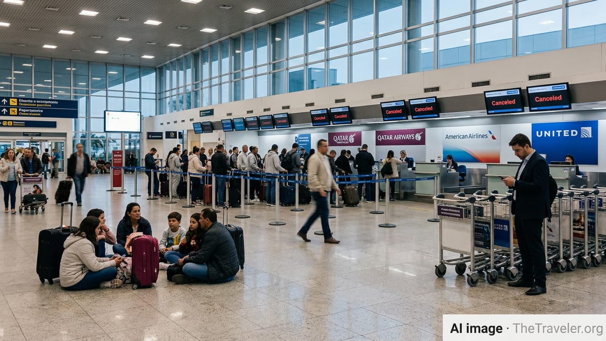 Crowded departure hall at São Paulo Guarulhos with passengers near canceled Qatar, American and United flights.