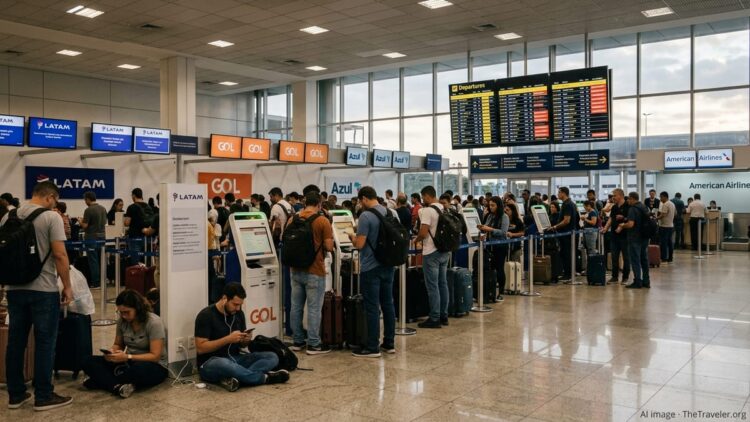 Crowded departure hall at São Paulo airport with passengers queuing amid widespread flight delays.