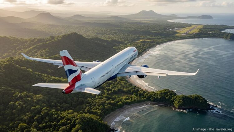 British Airways aircraft approaching Costa Rica’s lush Pacific coastline at sunset.