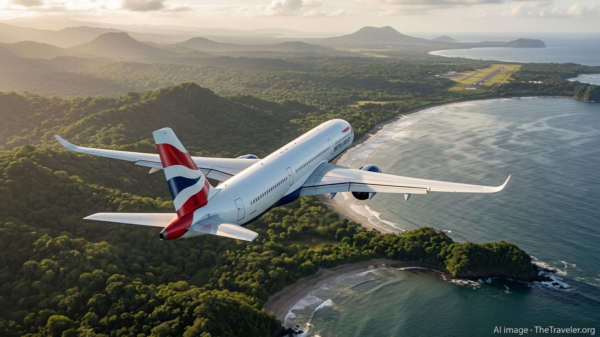 British Airways aircraft approaching Costa Rica’s lush Pacific coastline at sunset.
