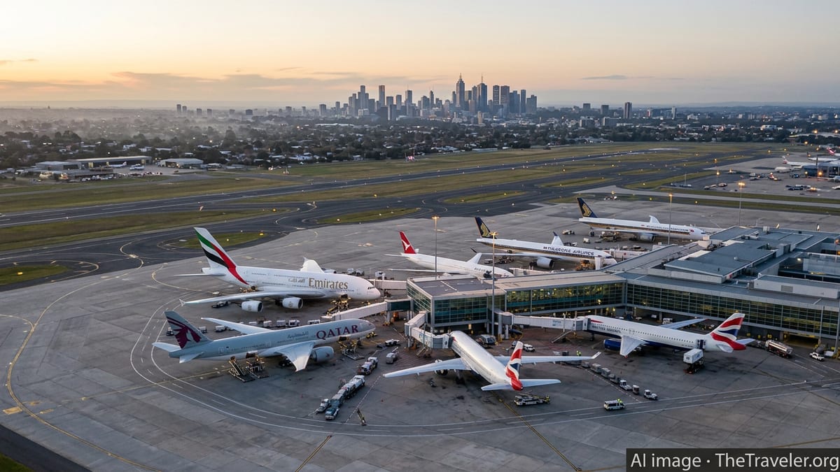 Wide view of Melbourne Airport at sunset with long-haul aircraft at the gates and the city skyline in the distance.